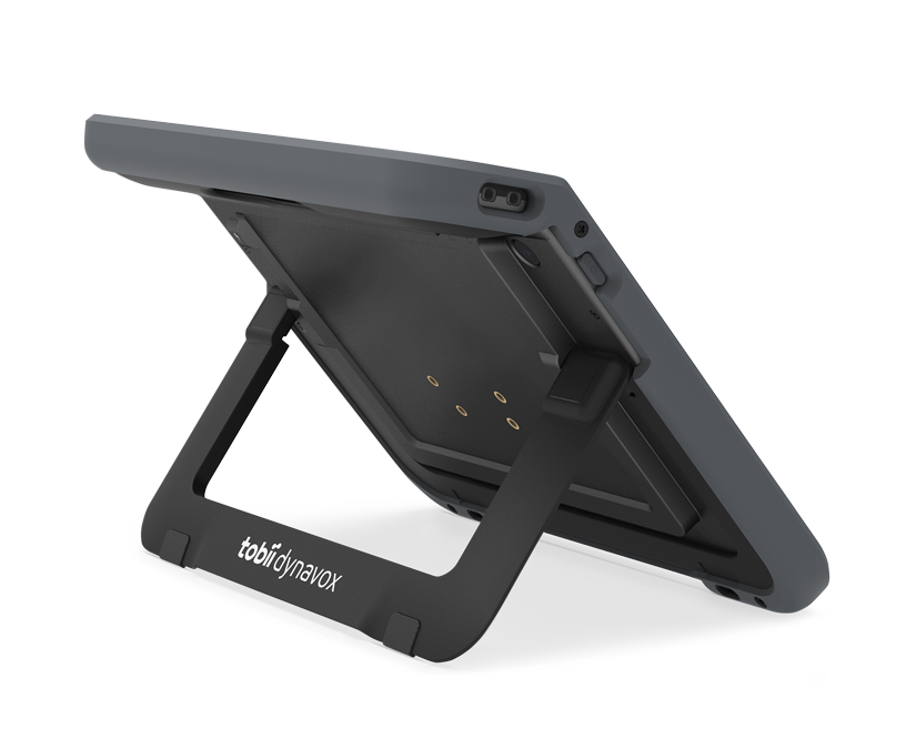 Rückseitenansicht des TD Navio UK-Geräts von Tobii Dynavox mit integriertem Aufstellfuß