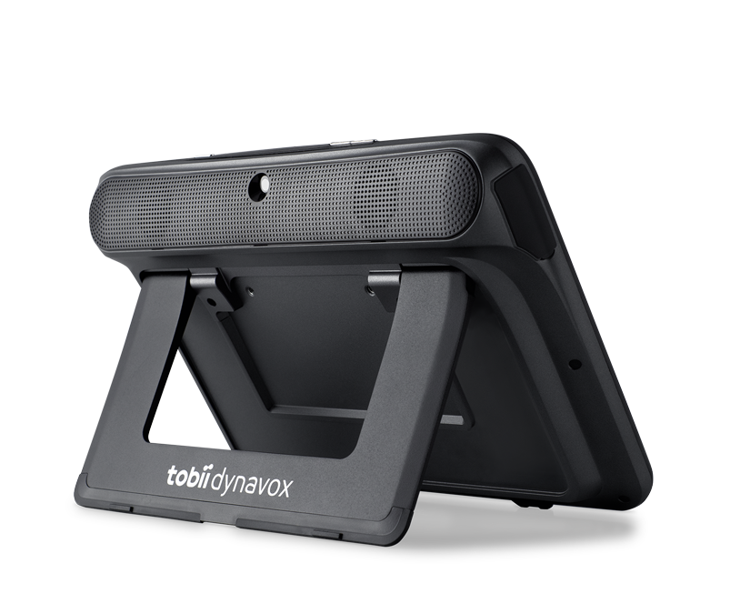 Ansicht der Rückseite des Tobii Dynavox TD I-110 Kommunikationsgeräts mit integriertem Ständer