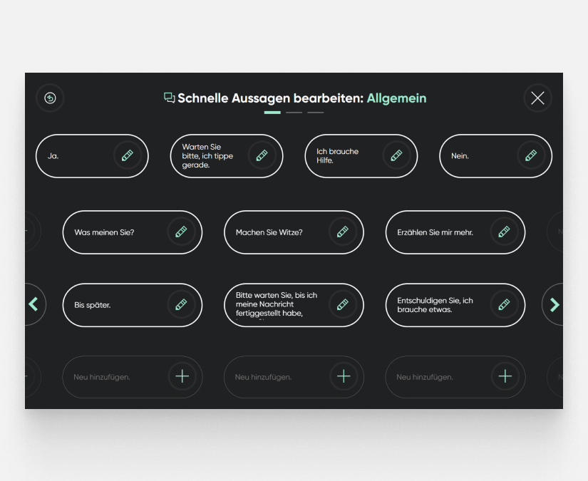 Tobii Dynavox TD Talk Screenshot, der vordefinierten Phrasen zeigt