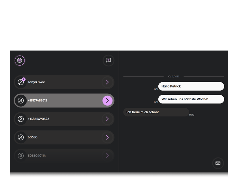 Screenshot von TD Phone, in dem eine SMS zu sehen ist