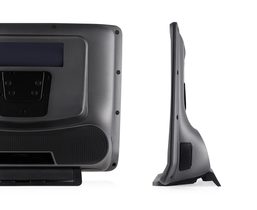 Rückansicht des Tobii Dynavox TD I-16 AAC-Geräts mit Partnerfenster, Lautsprecher, Montageplatte und verstellbarer Basis