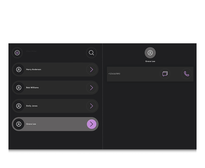 Screenshot von TD Phone mit einer scrollbaren, durchsuchbaren Liste von Kontakten