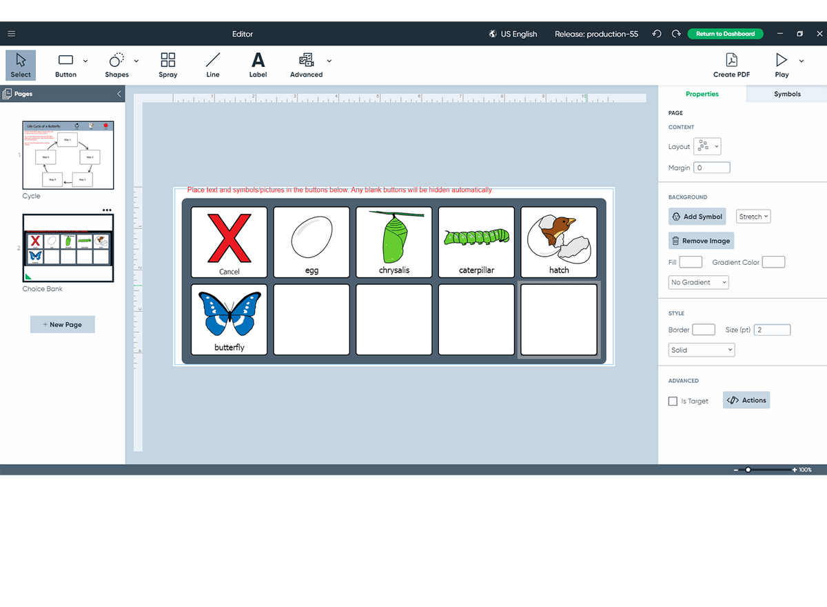 Boardmaker 7 Redakteur mit Informationen über die Metamorphose von Raupen